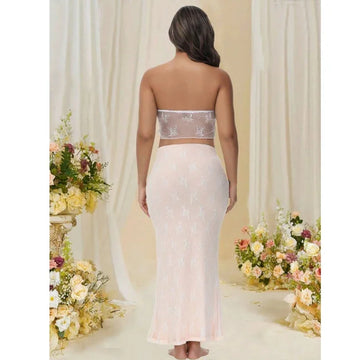 MQTIME  -   Maternity Lace Tube Top Hollow Out Skirt Two Piece Set For Photoshoot baby shower Photographie de vêtements de maternité